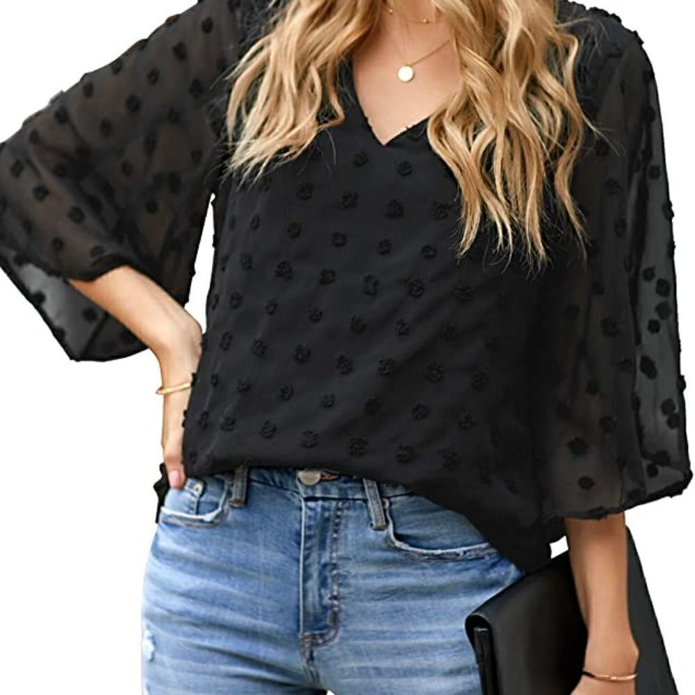 Casual V Neck Bell Sleeve Blouse Pom Pom Size Large NWOT